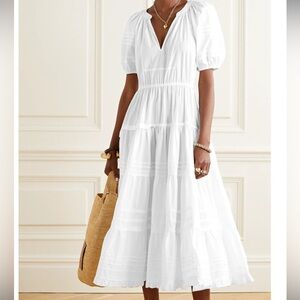 Ulla Johnson Caribel Cotton Poplin Puff Sleeve Tiered Ruffed V Midi Dress